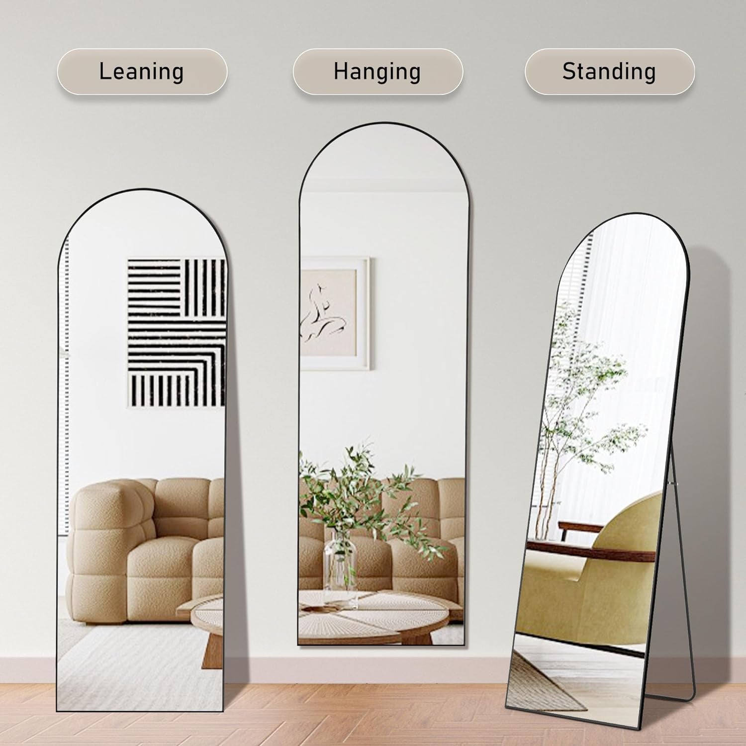 Arched Full Length Mirror 64"X21" for Bedroom, Full Body Mirror with Stand, Hanging or Leaning for Wall, Aluminum Alloy Thin Frame Floor Standing for Living Room, Tall, Black