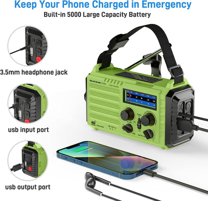 NOAA Weather Radio, Emergency Hand Crank Radio with Solar Charger, Portable Battery Operated AM FM Shortwave Radio with LED Flashlight, USB Charger, Earbud Jack, SOS Alert for Home Survival Hurricane