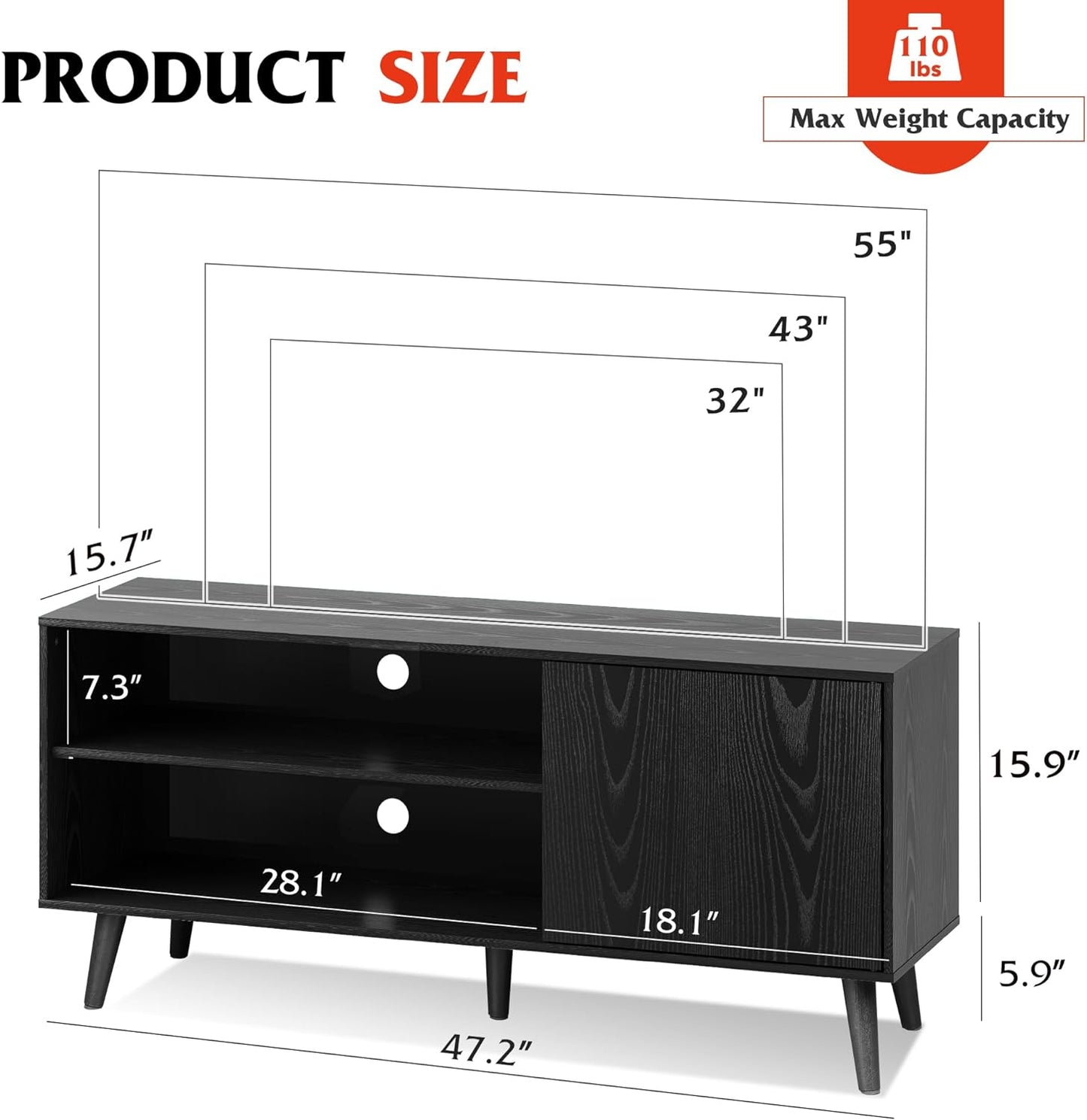 TV Stand for 55 Inch Tvs, Entertainment Center with Storage Cabinet, Mid-Century TV Stands for Living Room and Bedroom, 50" TV Console, Black