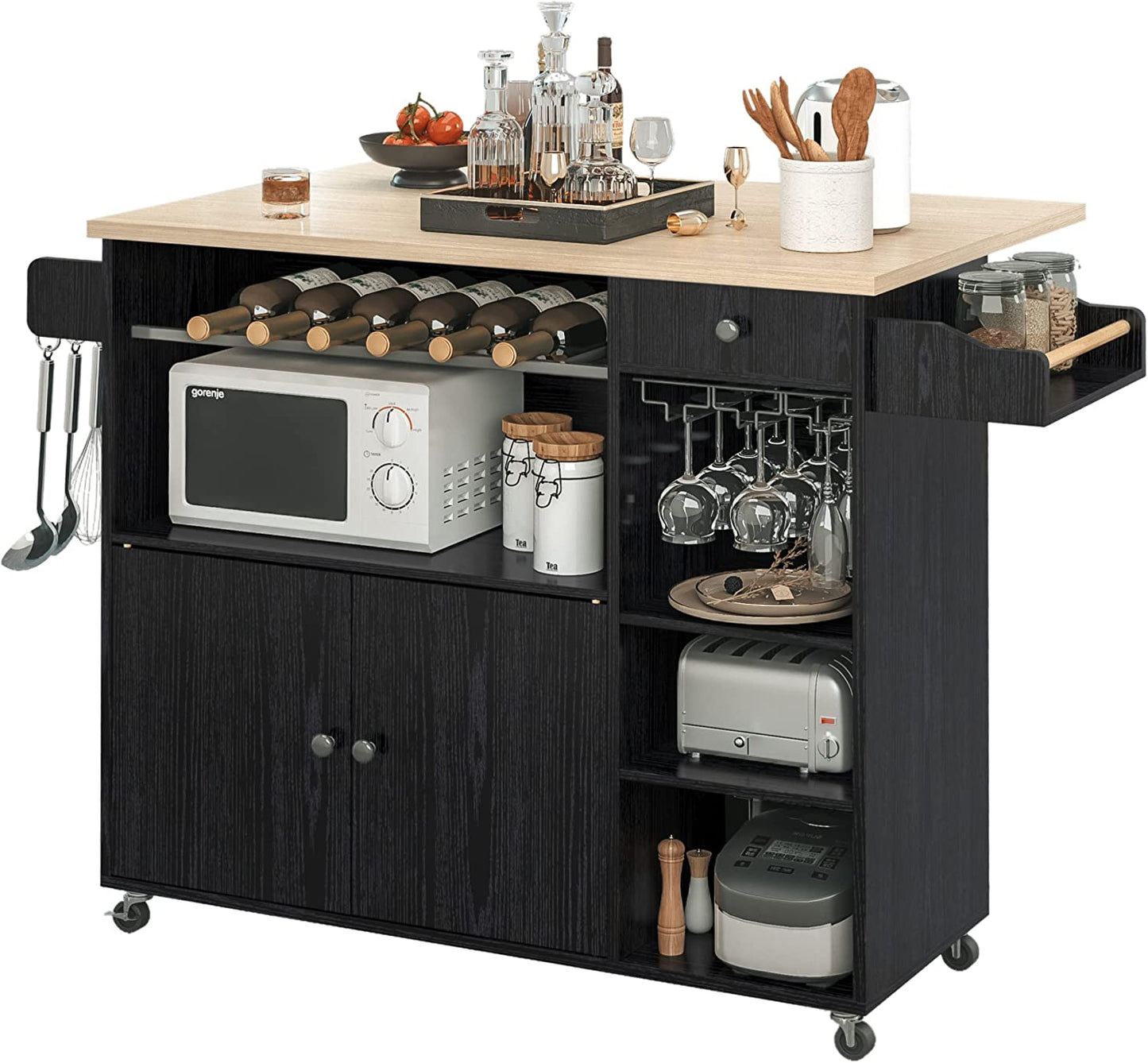 Rolling Kitchen Island Cart with Drop-Leaf and Wine Rack, Microwave Rack Serving Cart on Wheels with Drawer & Shelves & Spice Rack & Cup Hanging, Black