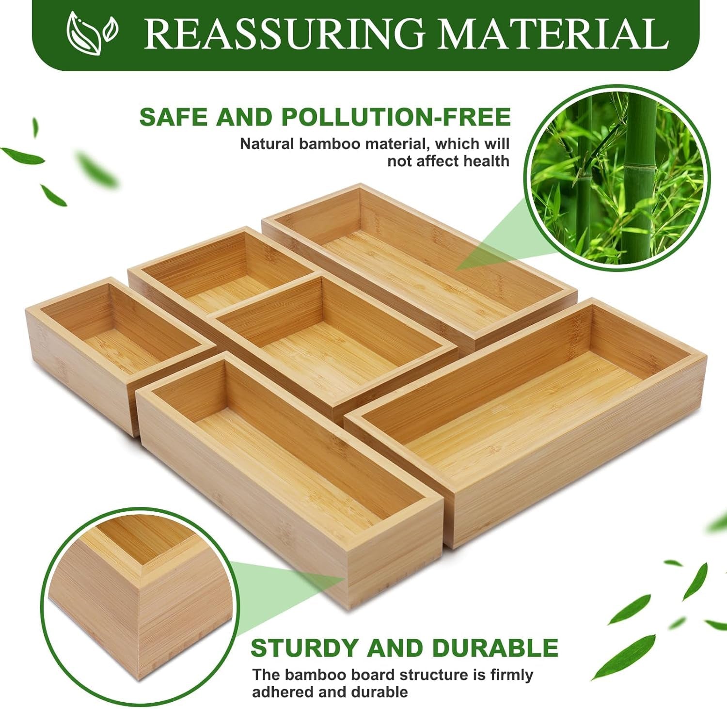 Bamboo Drawer Organizer Box Set, 5 PCS Multi-Use Individual Wood Storage Containers, Junk Drawer Divider Organizers and Storage Trays for Kitchen, Bathroom, Office Desk, Makeup, Jewelry, Utensils