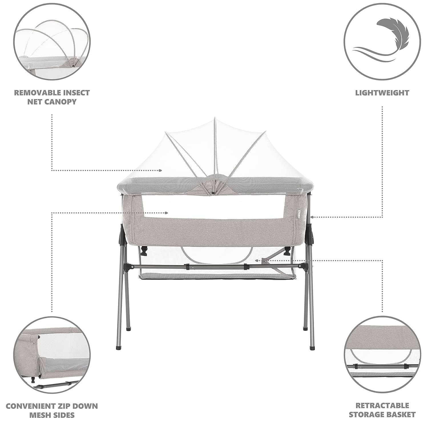 Lotus Bassinet and Bedside Sleeper in Grey, Lightweight and Portable Baby Bassinet, Adjustable Height Position, Easy to Fold and Carry Travel Bassinet- Carry Bag Included - Design By Technique