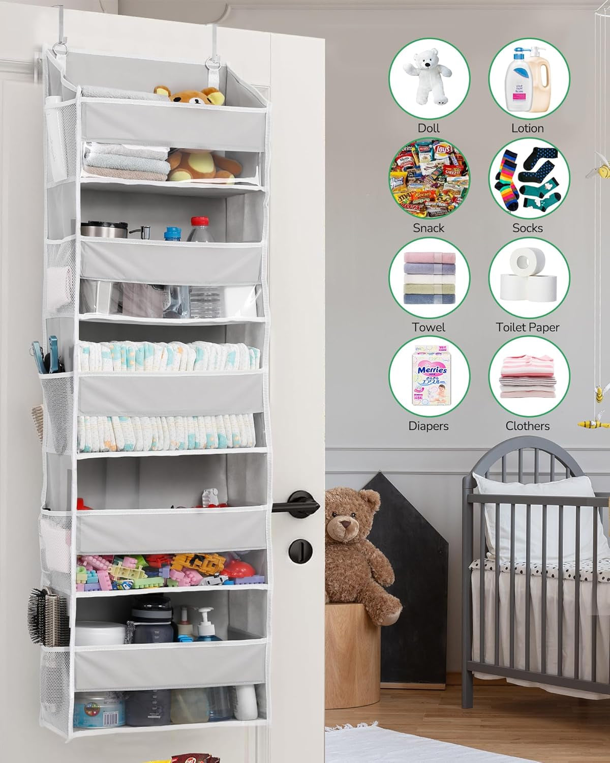 1 Pack over Door Organizer with 5 Large Pockets 10 Mesh Side Pockets, 44 Lbs Weight Capacity Hanging Storage Organizer with Clear Window for Kids Toys, Shoes, Diapers, Grey, 5 Layer