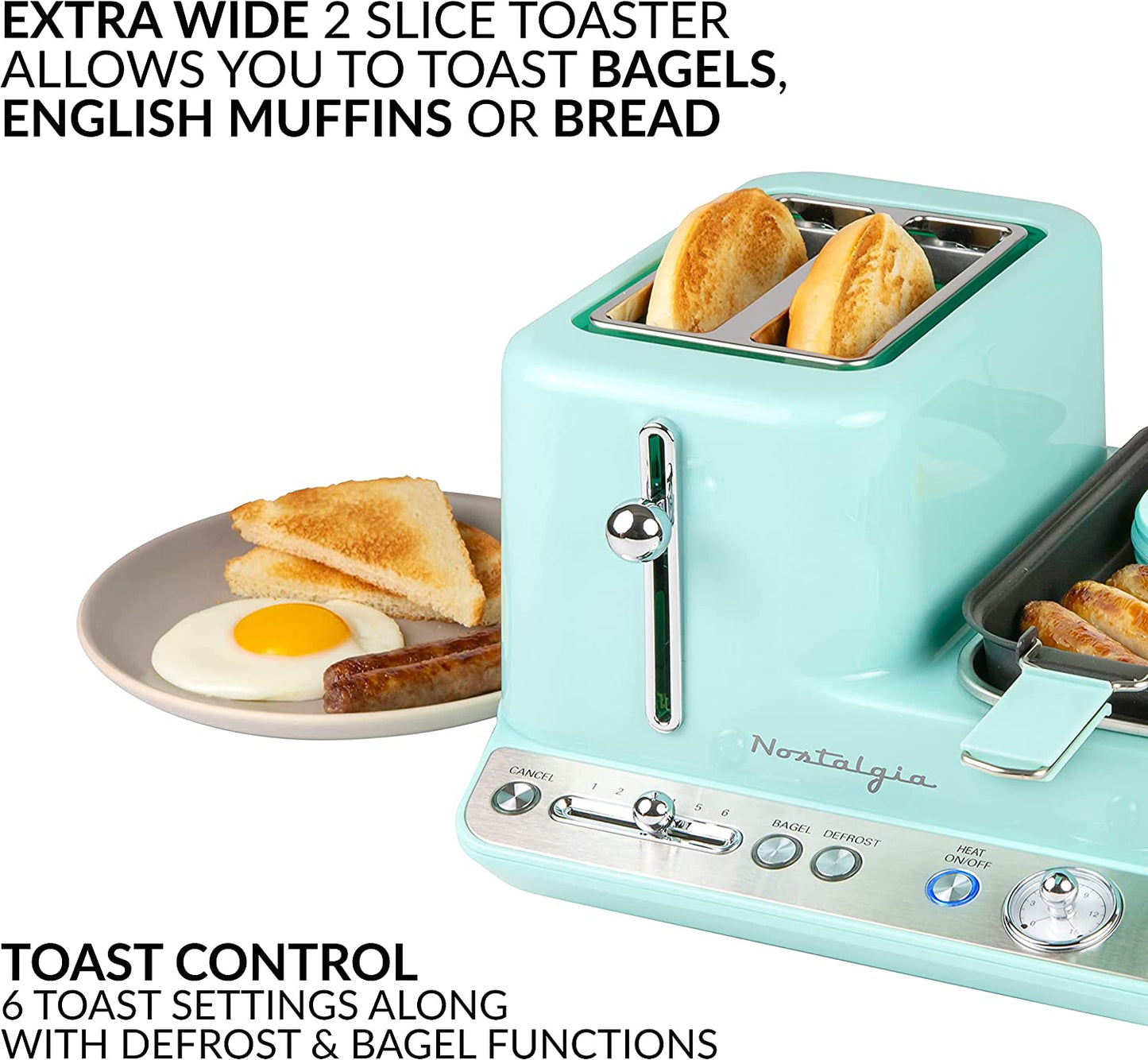 Classic Retro 3-In-1 Breakfast Station, 2-Wide Slot Toaster with Adjustable Toasting Control, Non-Stick Griddle, 6 Capacity Egg Cooker with Lid