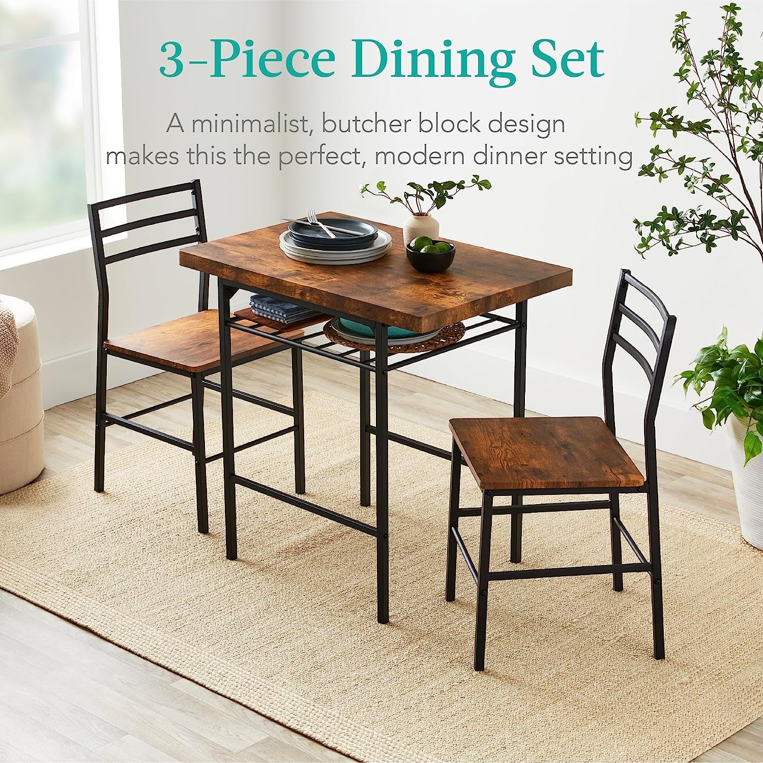 3-Piece Modern Dining Set, Space Saving Dinette for Kitchen, Dining Room, Small Space W/Steel Frame, Built-In Storage Rack - Brown - Design By Technique