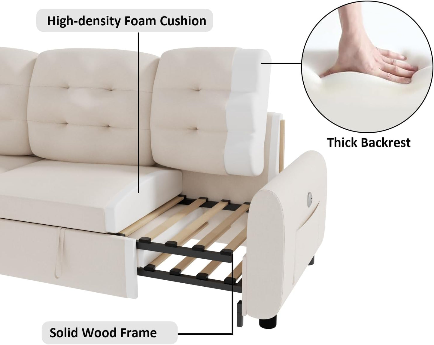 Sectional Sofa Couch, 87" Sleeper Sofa Bed with Reversible Storage Chaise Pull Out Couch for Living Room | Side Pocket | Charging Station | Removable Backrest | Linen Fabric, Beige