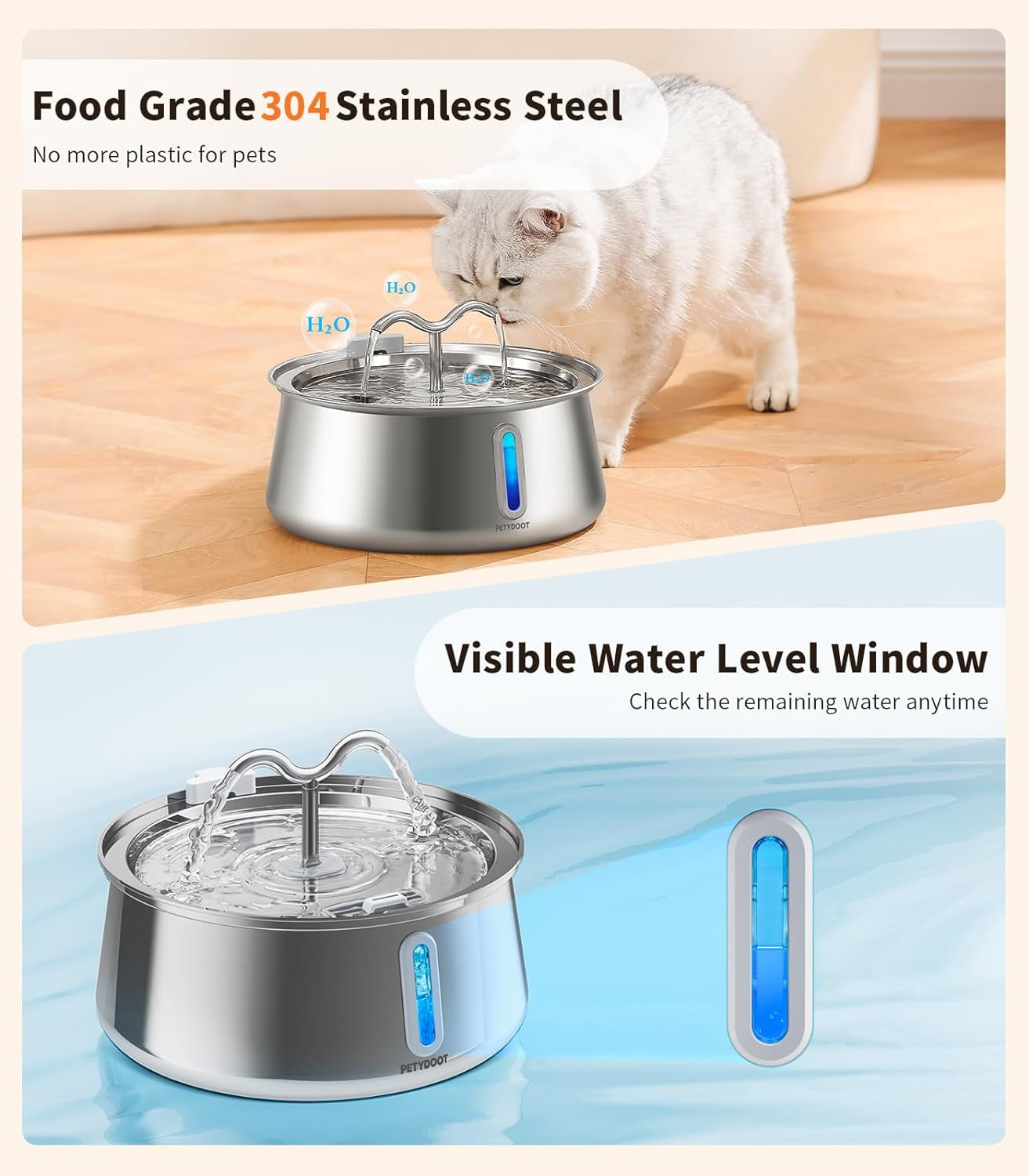 Cat Water Fountain Stainless Steel:135Oz/4L Large Capacity Cat Fountain with Water Window, Pet Fountain for Cats Dogs Multiple Pets Drinking Water Bowl Ultra Quite Pump Two Flow Modes, Dishwasher Safe