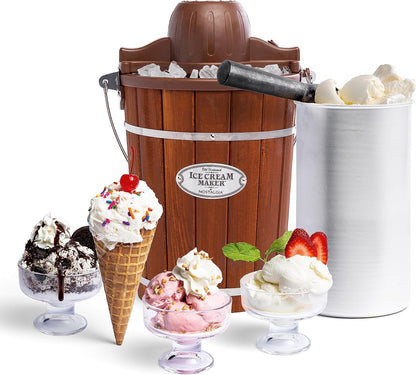 Electric Ice Cream Maker - Old Fashioned Soft Serve Ice Cream Machine Makes Frozen Yogurt or Gelato in Minutes - Fun Kitchen Appliance - Vintage Wooden Style - Dark Wood - 6 Quart