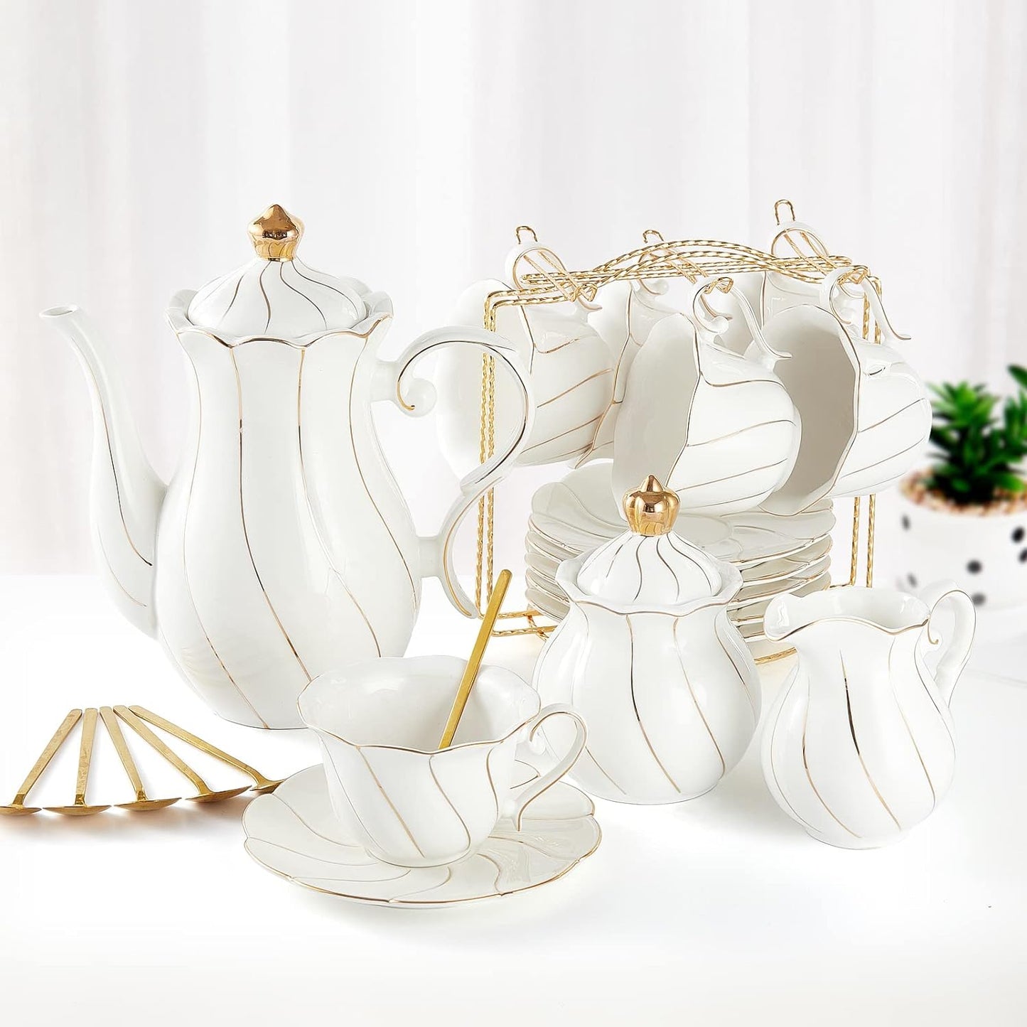 22 Pcs White Porcelain Tea Set for 6, Luxury British Style Tea/Coffee Cup Set with Golden Trim, Beautiful Tea Set for Women, Tea Party Set, Gift Package (With a Stand)