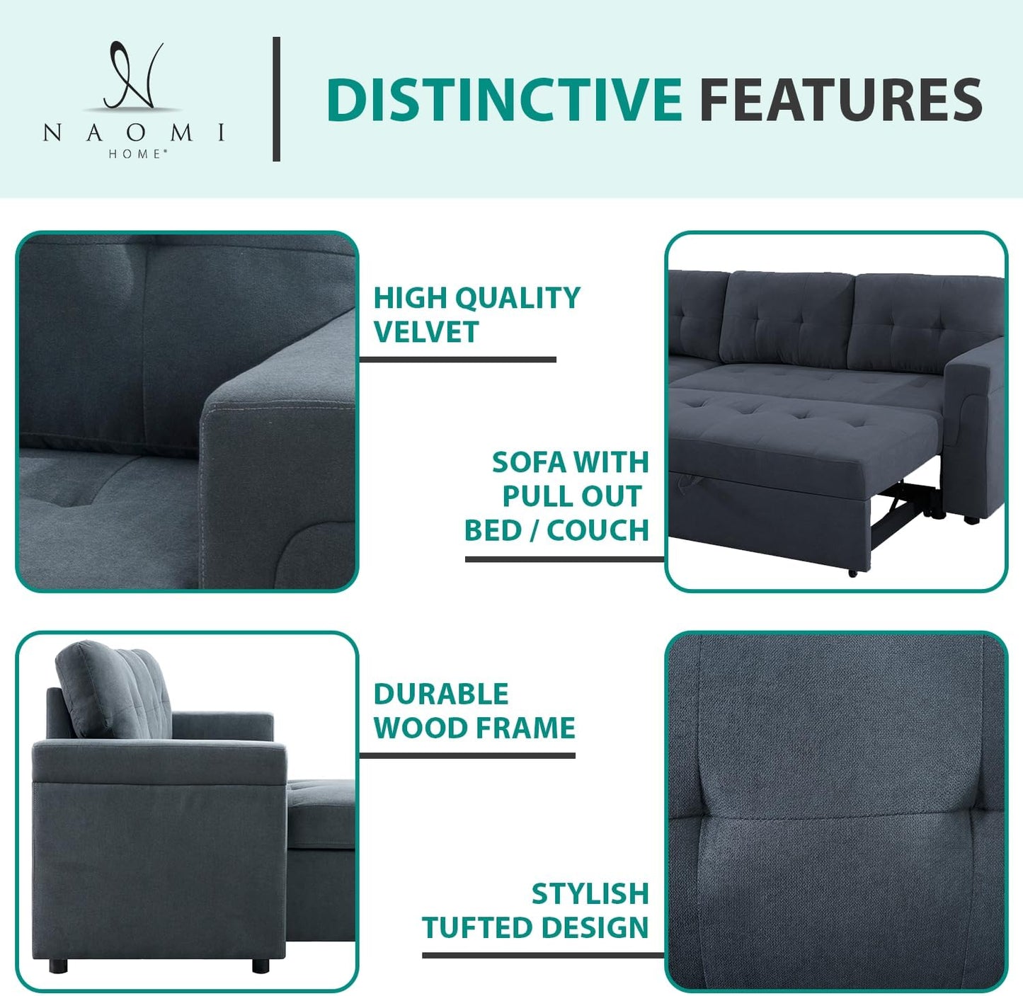 Transform Any Space: Sleeper Sectional Sofa with Convertible Sofa Bed & Inviting Chaise. Find Tranquil Comfort with Stress-Relieving Design & Durable Cushions - Dark Gray/Velvet