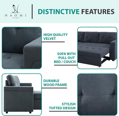 Transform Any Space: Sleeper Sectional Sofa with Convertible Sofa Bed & Inviting Chaise. Find Tranquil Comfort with Stress-Relieving Design & Durable Cushions - Dark Gray/Velvet