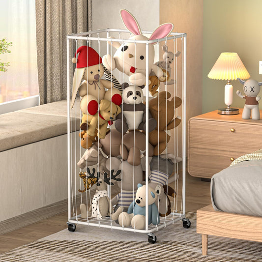 210L Stuffed Animal Organizer Plush Toy Storage Organizer Toy Storage Basket, Kids Toy Storage Bins with Wheels, Metal Frame and Elastic Cord Design, Suitable for Storage of Any Stuff