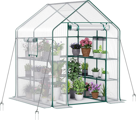 Greenhouse with 2 Mesh Windows, 4 Tiers, and 10 Shelves - Durable PE Cover, Pegs and Ropes for Stability- Perfect for Outdoor Gardens, Plants, Herbs, and Flowers - Design By Technique