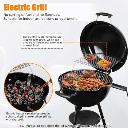 Electric Barbecue Grill Indoor Kettle Charcoal BBQ Grill Outdoor, Electric Grill & Charcoal Grill 2 in 1 for Patio, Camping, Cooking, Backyard with Porcelain-Enameled Lid and Wheels Black