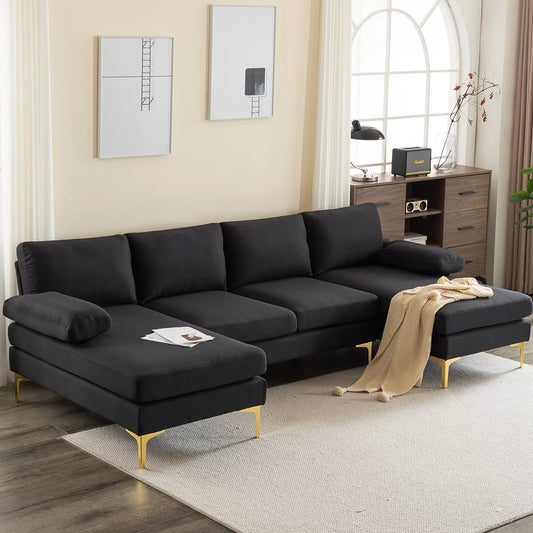 Sectional Sofa, U-Shape Convertible Couch Set with Soft Linen Fabric, Lounge Sleeper with Chaise for Living Room 4 Seat Black - Design By Technique