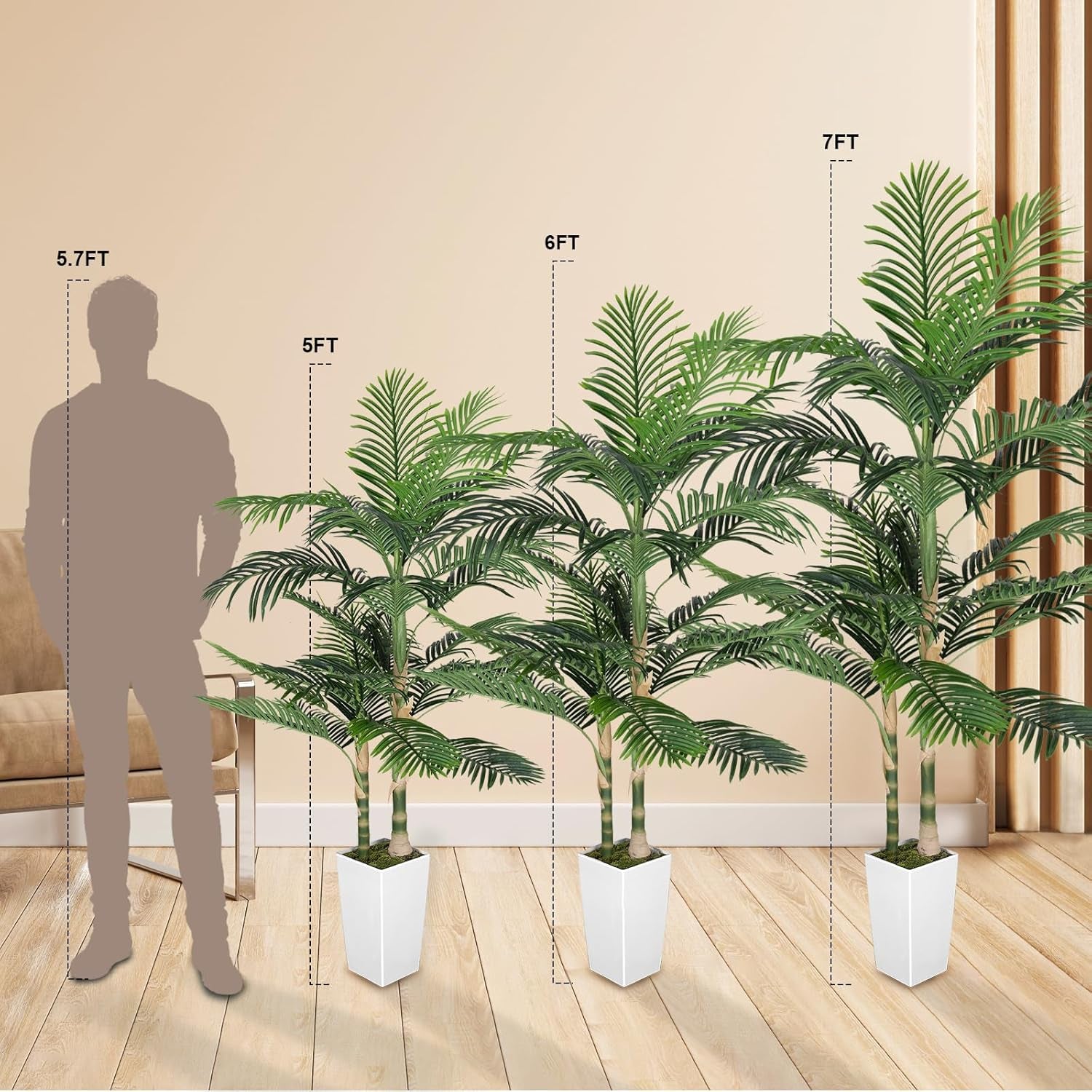 Golden Cane Palm Trees Artificial Indoor, 6FT Tall Faux Golden Cane Palm Tree with White Tall Planter, Artificial Plants with Natural Wood Trunk and Lifelike Leaves for Home Office Decor