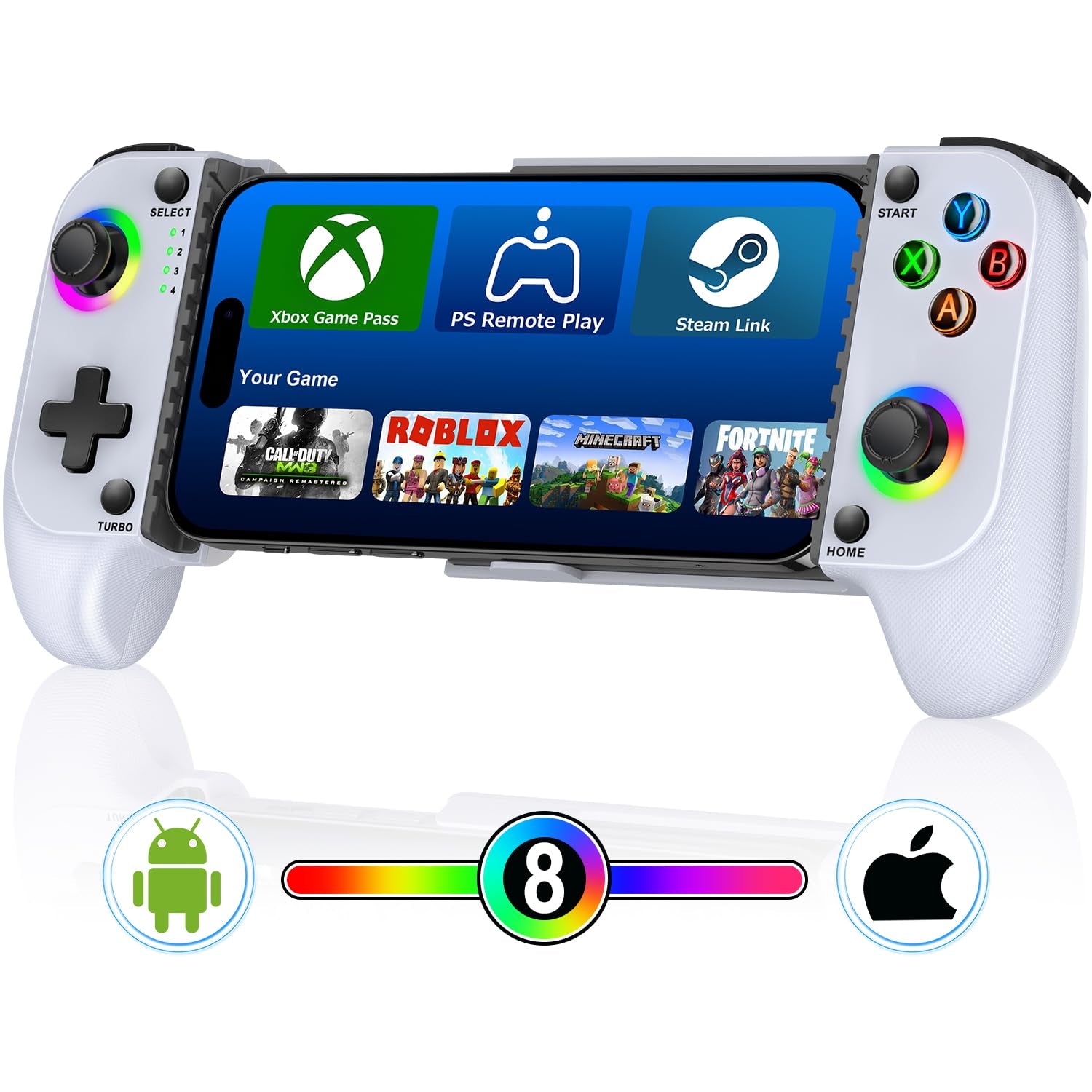 Wireless Mobile Gaming Controller for Iphone/Android, Phone Game Controller Support Phone Case, RGB Light Hall Joystick, Turbo, Mobile Gaming Gamepad