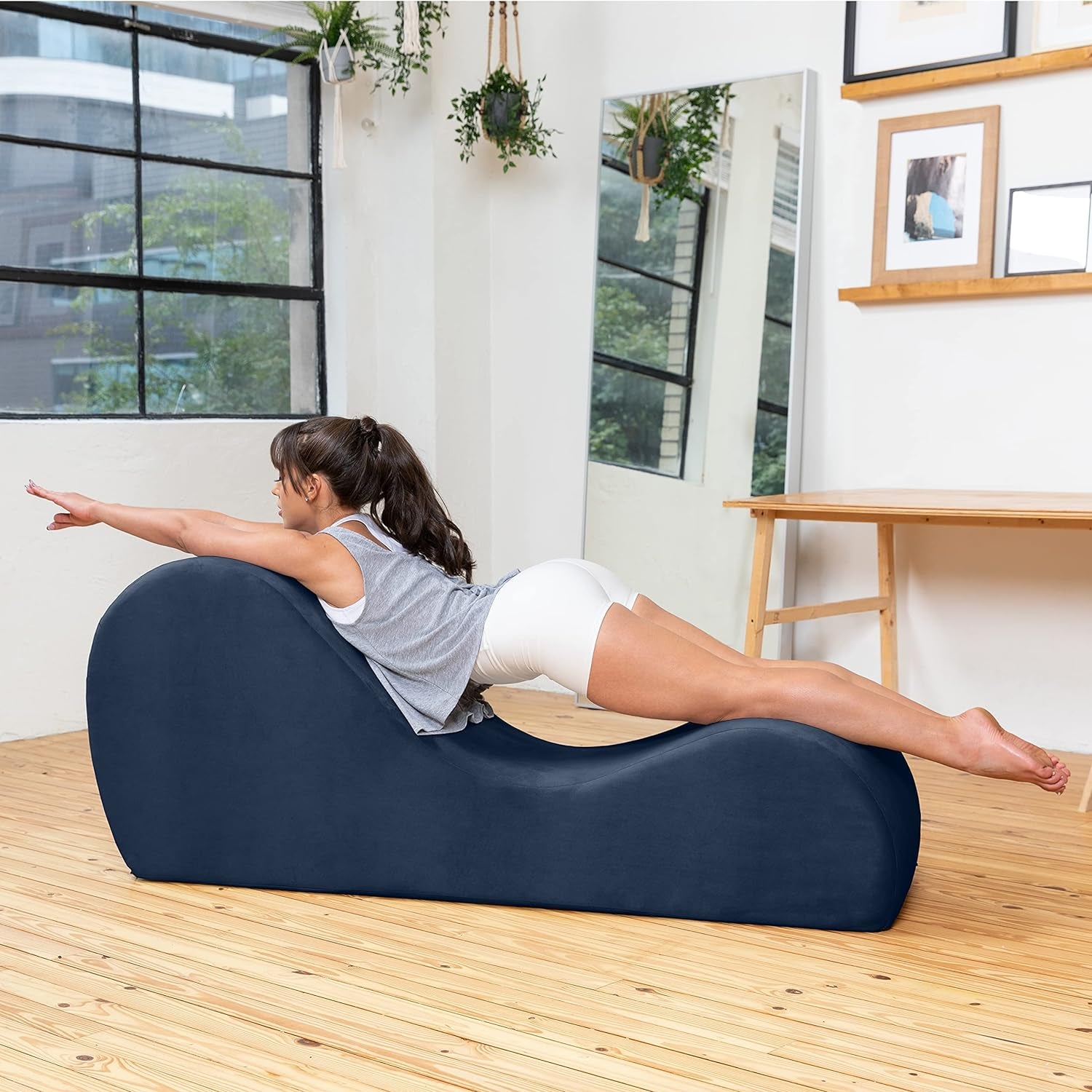 Sleek Chaise Lounge for Yoga, Stretching, Relaxation-Made in the USA, 60D X 18W X 26H Inch, Ink Blue