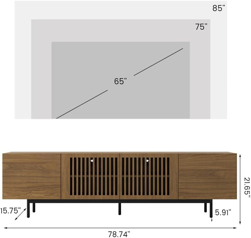 Modern Solid Wood TV Stand, Entertainment Center for 70 75+ Inch TV, Slatted Media Console TV Cabinet with Tall-Cast Metal Legs, Walnut Veneer, Fully-Assembled, 78"