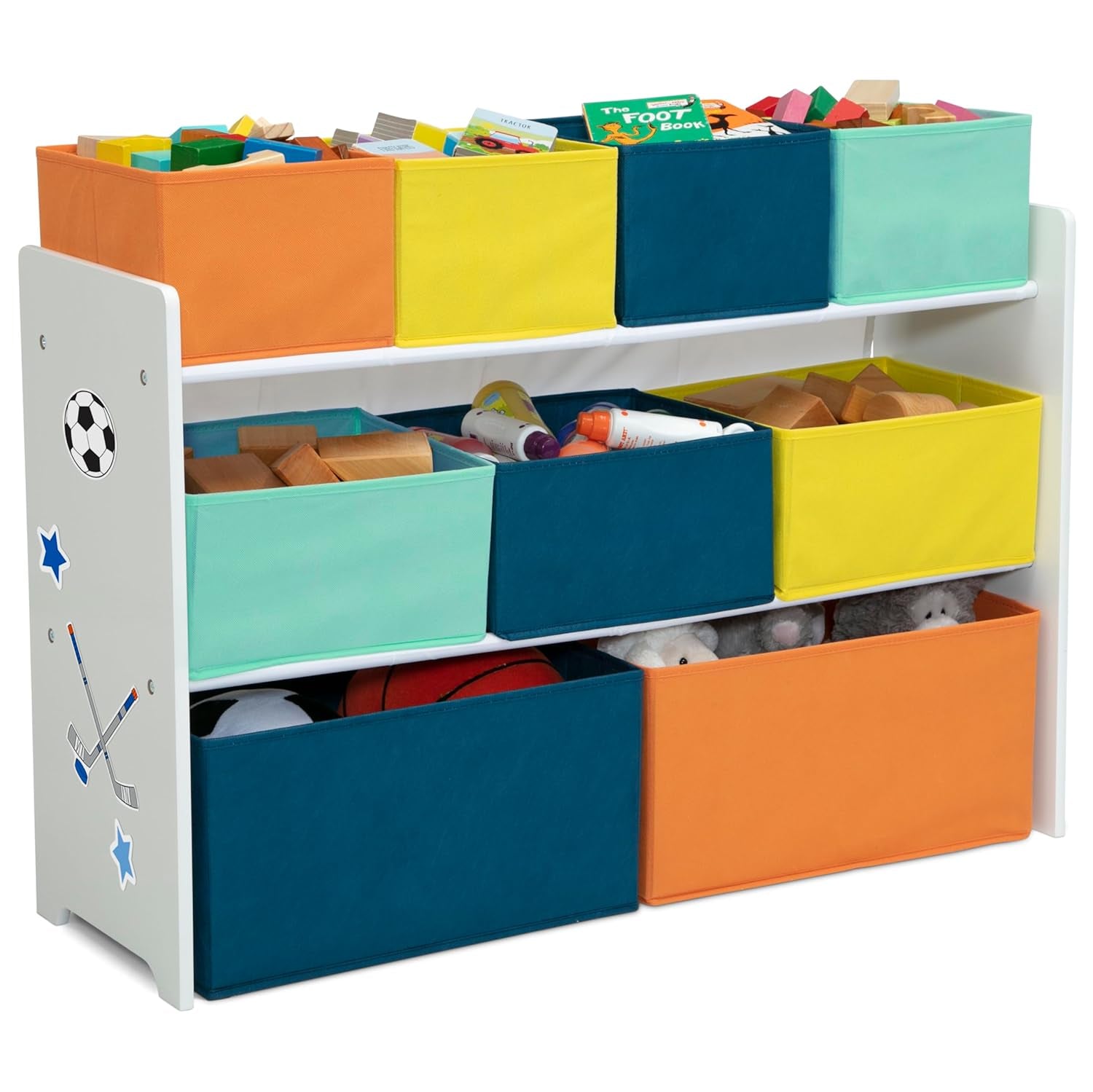 Deluxe Multi-Bin Toy Organizer with Storage Bins - Greenguard Gold Certified, White with Navy/Green/Pastel Bins