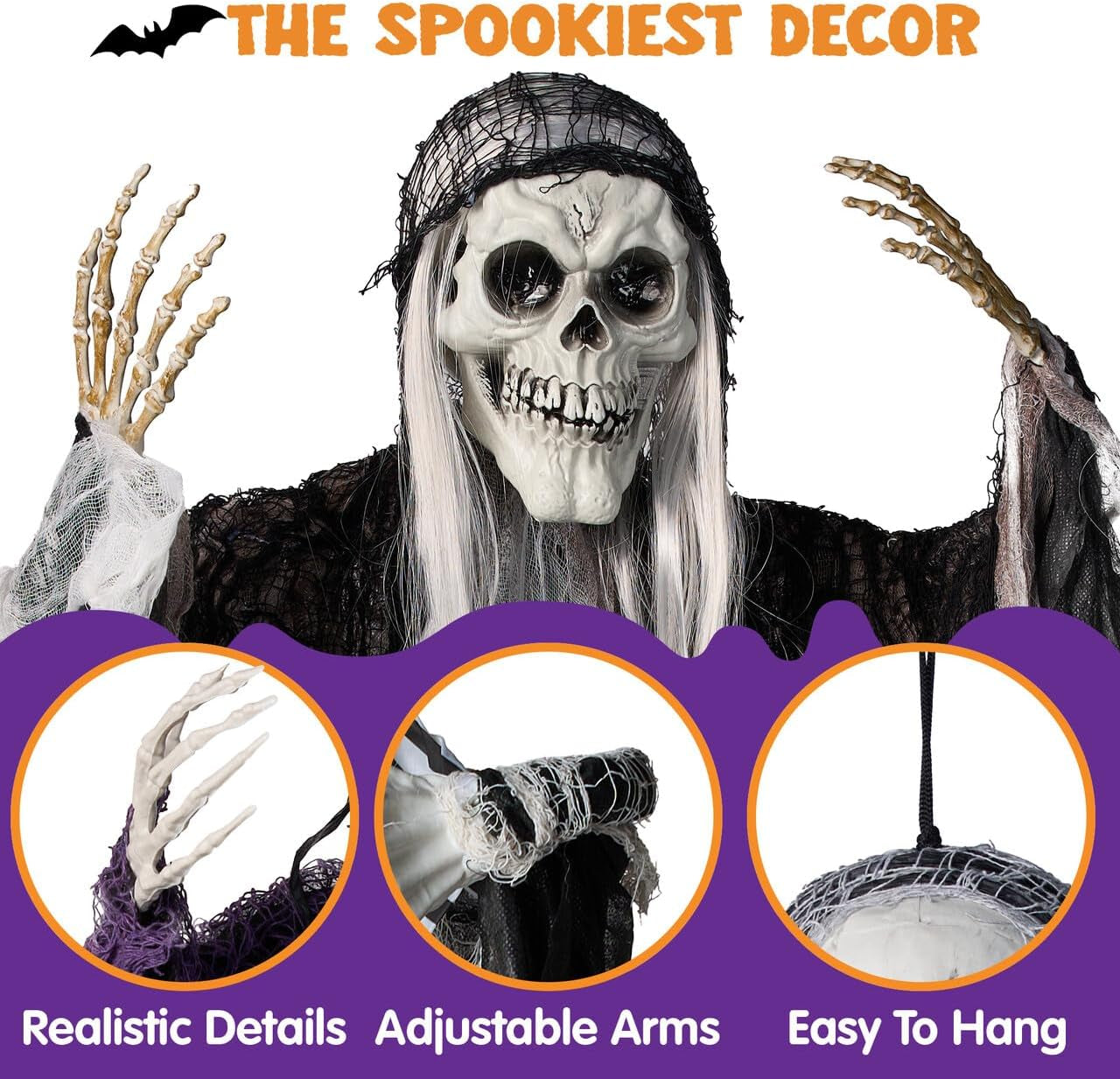 5 Pcs Halloween Hanging Grim Reapers, One 47”, Four 35" Halloween Skeleton Flying Ghosts for Halloween Outdoor Decoration, Haunted Haunted House Prop, Halloween Party Supplies Decor