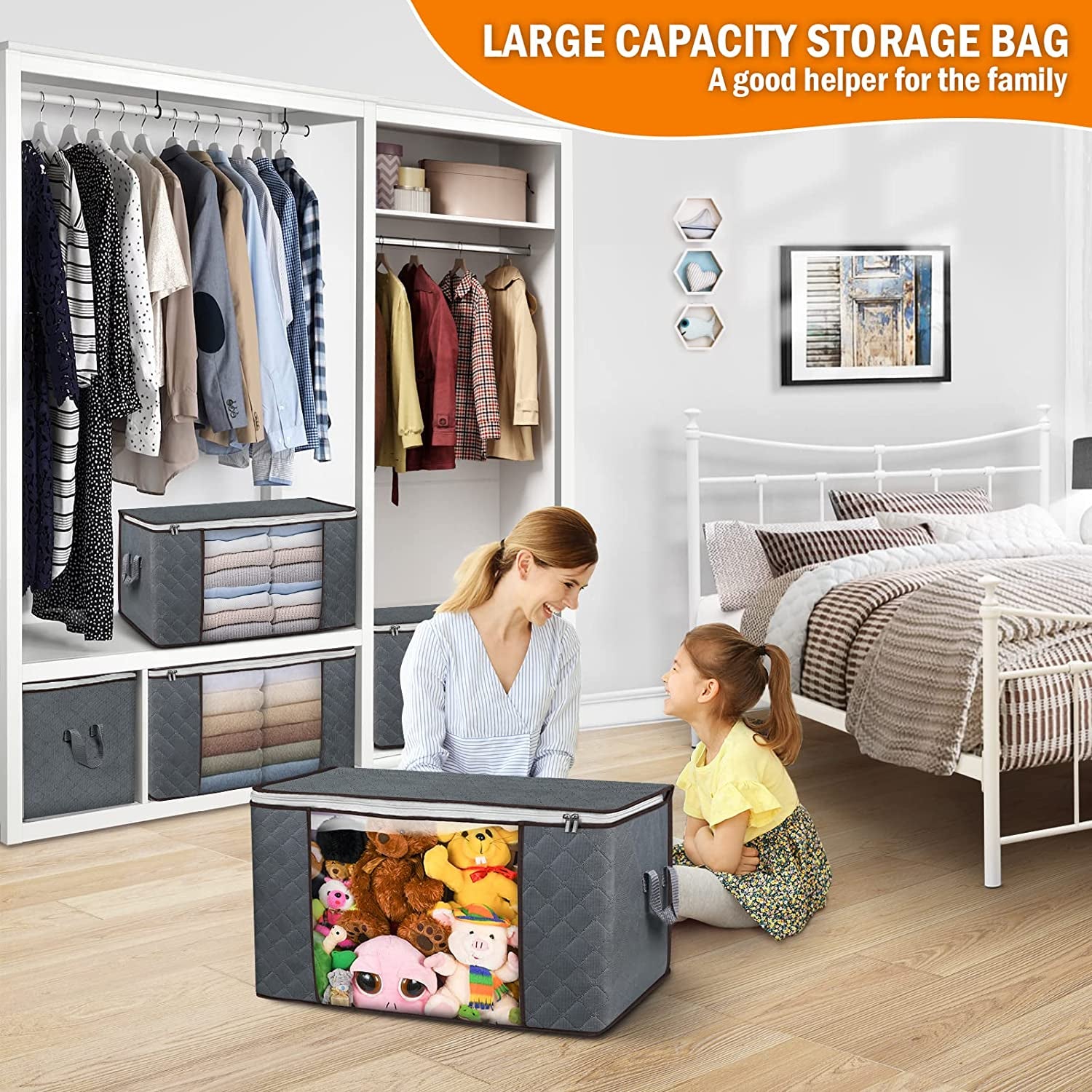 90L Large Storage Bags, 6 Pack Clothes Storage Bins Foldable Closet Organizers Storage Containers with Reinforced Handle for Clothing, Blanket, Comforters, Bed Sheets, Pillows and Toys (Gray)