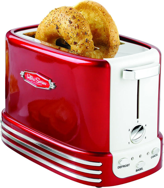 New and Improved Wide 2-Slice Toaster Perfect for Bread, English Muffins, Bagels, 5 Browning Levels, with Crumb Tray & Cord Storage, Retro Red