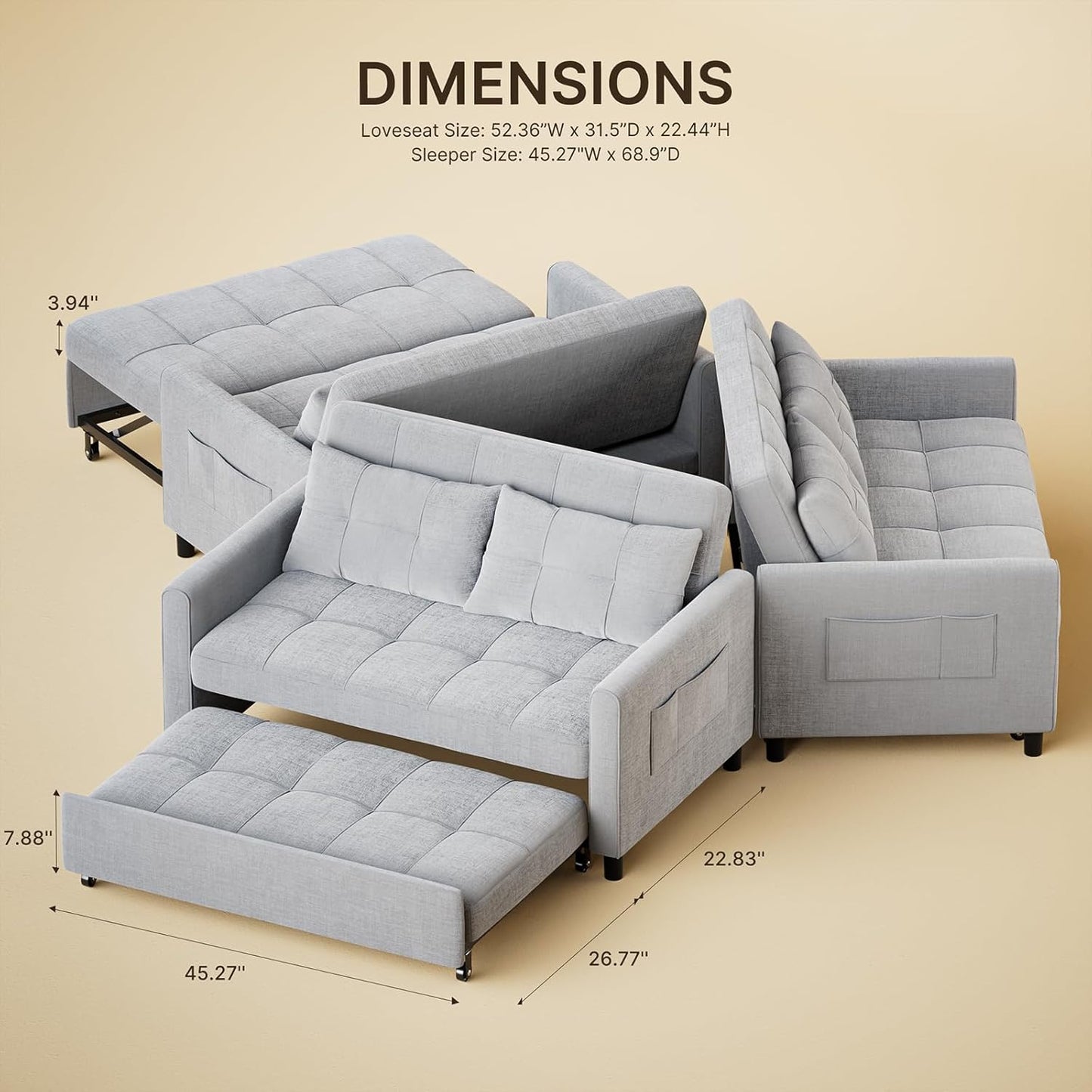 Sleeper Sofa Couch Bed, 3 in 1 Convertible Sofa Bed, 52" 2-Seater Loveseat with Pull Out Bed, Linen Fabric Futon Couches with Pillows, Pockets for Living Room Apartment Small Space, Light Gray