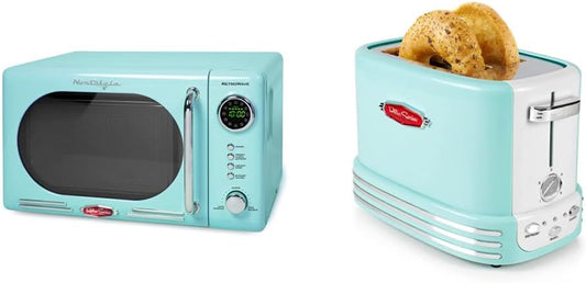 Retro Compact Countertop Microwave Oven, 0.7 Cu. Ft. 700-Watts with LED Digital Display & Retro Wide 2-Slice Toaster, Vintage Design with Crumb Tray, Cord Storage & 5 Toasting Levels, Aqua