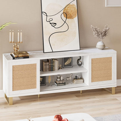 TV Stand Rattan Entertainment Center for 65 Inch TV Modern TV Console Table White Low TV Stand with Storage, Doors and Shelves, TV Console Media Cabinet Furniture for Living Bedroom