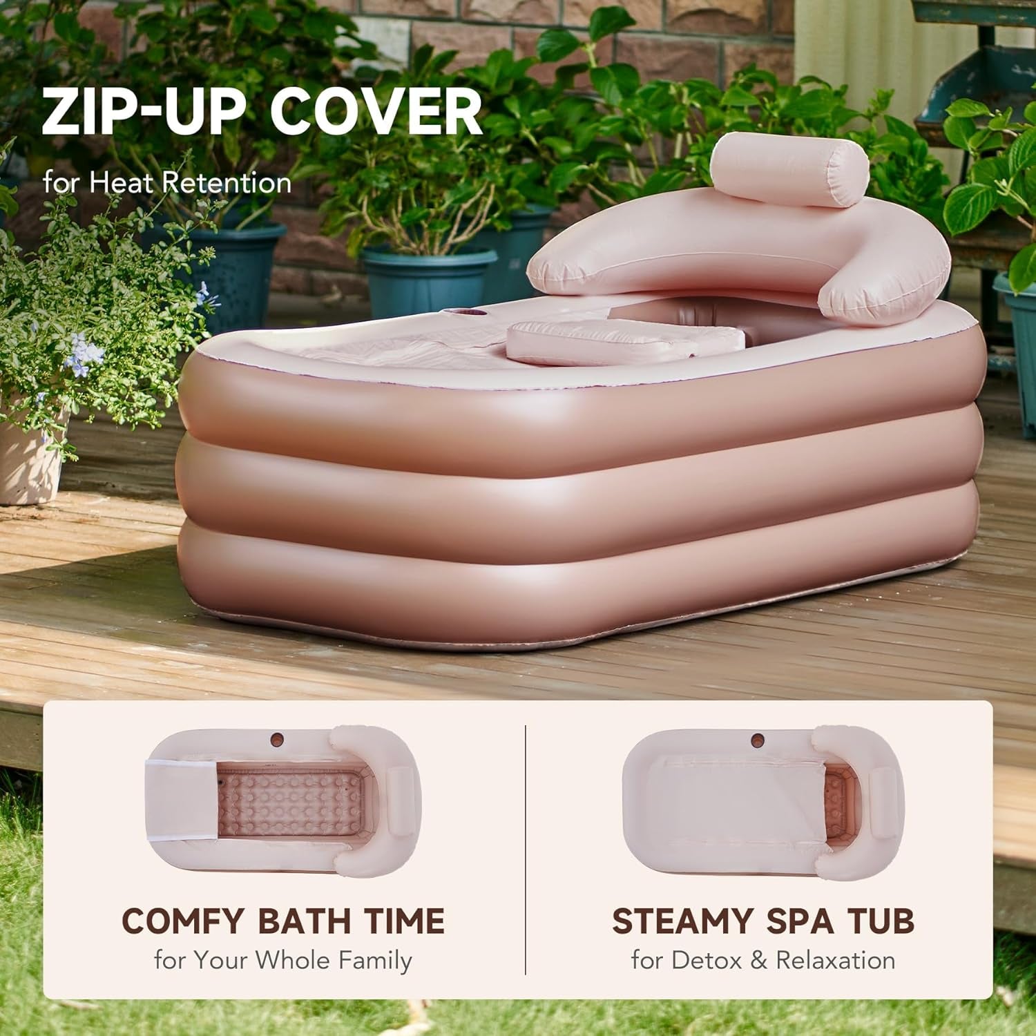 Inflatable Bathtub with Electric Air Pump and Bath Pillow Headrest, Portable Blow up Bath Tub for Adults, Outdoor & Indoor Freestanding Foldable Spa Tub with Cover Drainage Cup Holder,Brown