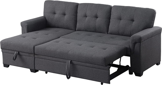 Lucca 84" W Dark Gray Linen Reversible Sleeper Sectional Sofa with Storage Chaise