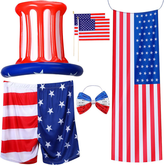 6 Pcs 12 Ft Skeleton 4Th of July Clothes Accessories Inflatable Uncle Hat Bow Tie American Flag Costume Cape and Shorts 2 American Flags on Stick for Patriotic Independence Outdoor Decoration