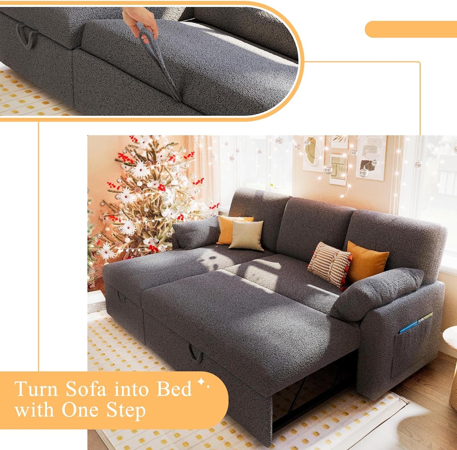 Sofa Bed, Sleeper Sofa with Storage Chaise- 2 in 1 Pull Out Couch Sofa for Home Office, Living Room, Comfy Sofa Sleeper, Grey Boucle Couch