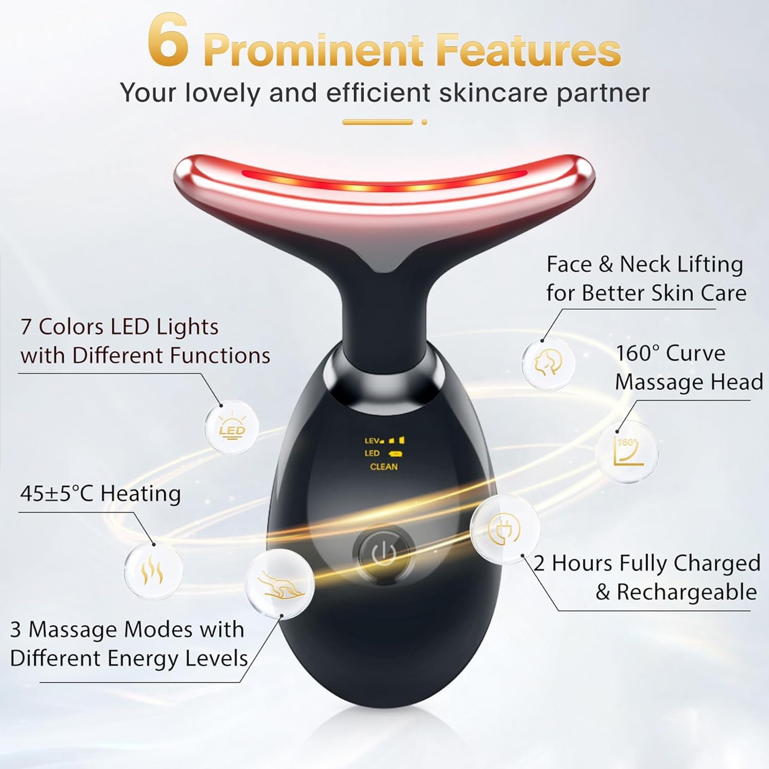 7-In-1 Deplux Skin Care Tool, Face Neck Massager for Skin Care Routine at Home, Glossy Black