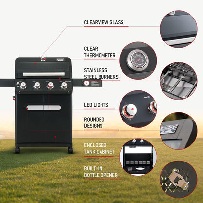 Outdoor Barbecue Stainless Steel 4 Burner Propane Gas Grill, 52,000 BTU Patio Garden Barbecue Grill with Side Burner and LED Controls, Mesa425, Black