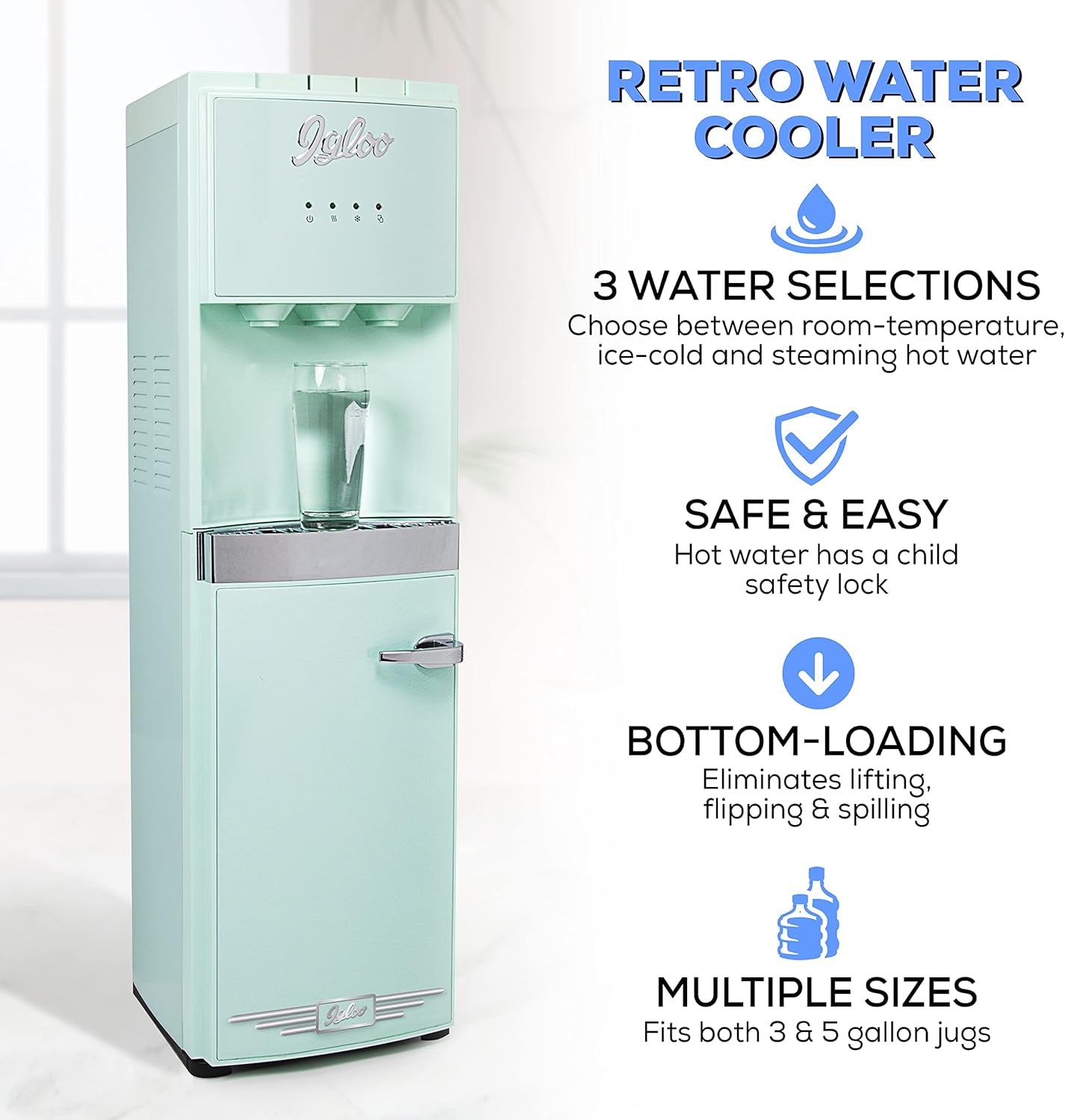 Retro Bottom Load Water Cooler Dispenser, Hot, Cold or Room-Temperature Water, Holds 3 or 5 Gallon Bottles, Child Safety Lock, Perfect for Homes, Kitchens, Dorms, Aqua