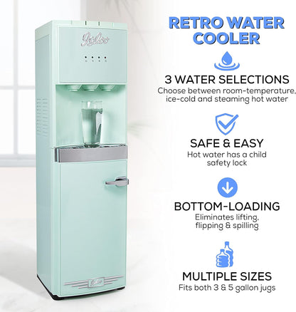 Retro Bottom Load Water Cooler Dispenser, Hot, Cold or Room-Temperature Water, Holds 3 or 5 Gallon Bottles, Child Safety Lock, Perfect for Homes, Kitchens, Dorms, Aqua