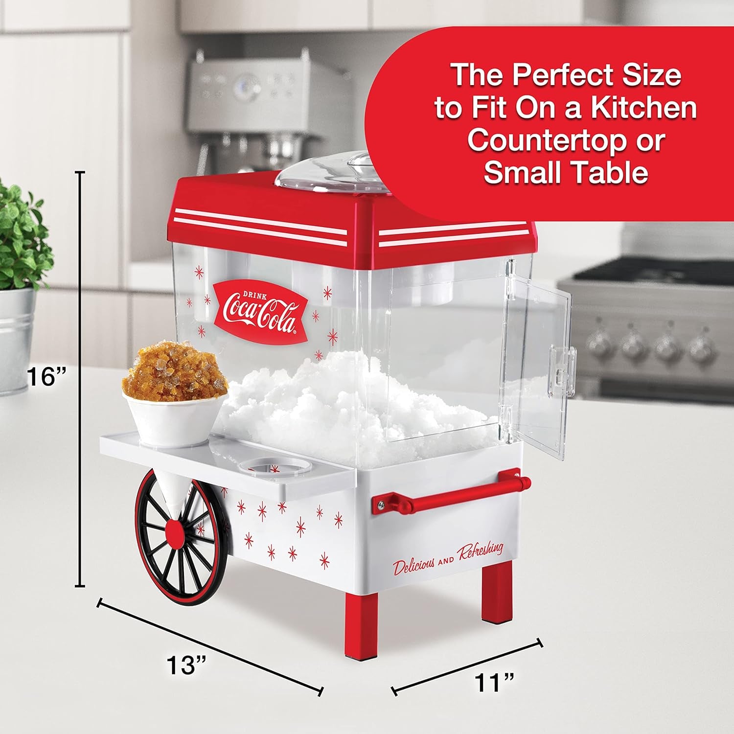 Coca-Cola Snow Cone Shaved Ice Machine - Coke Retro Table-Top Slushie Machine Makes 20 Icy Treats - Includes 2 Reusable Plastic Cups & Ice Scoop - White & Red