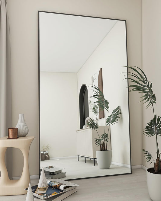 Large Mirror Full Length 34"X76", Floor Body Mirror with Stand, Metal Frame Wall-Mounted Vanity Mirror, Hanging Leaning or Standing, Black - Design By Technique