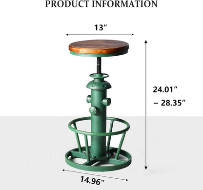 American Antique Industrial round Bottom Adjustable Height Cafe Coffee Retro Vintage Stylish Water Pipe Design Pub Kitchen Bar Stool (Antique Green, Wooden Top)