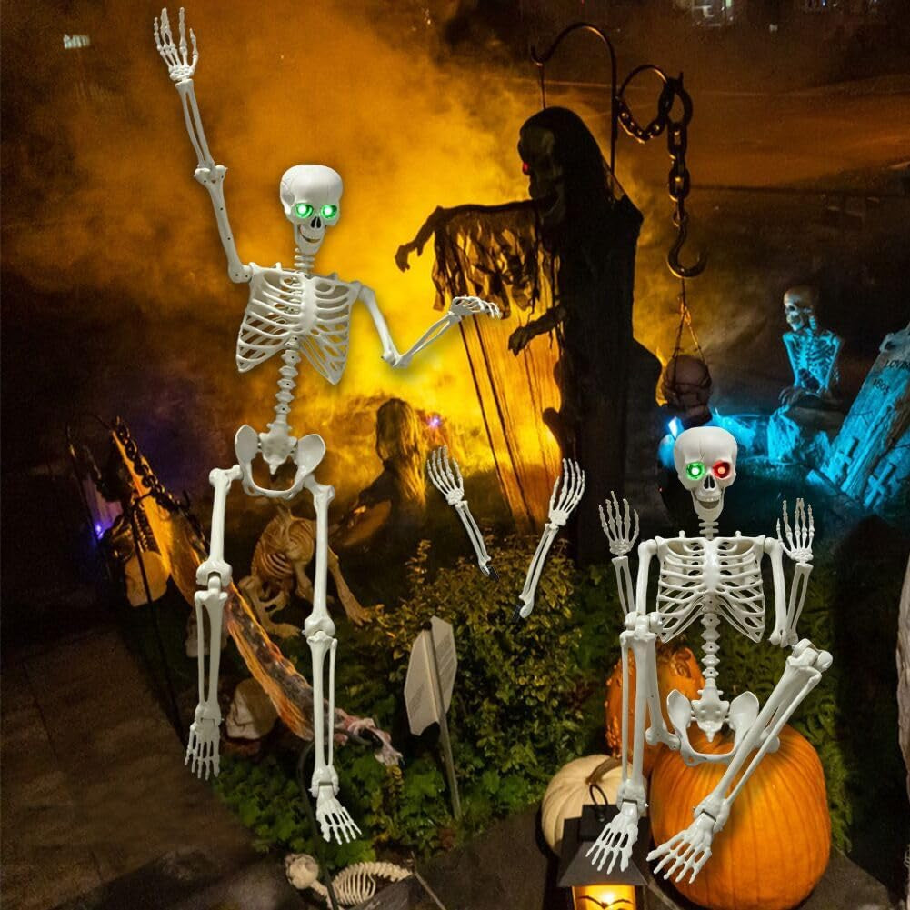 5.4Ft Halloween Skeleton, Full Size Posable Skeleton with Glowing Eyes Creepy Sound, Full Body Life Size Skeleton and Skeleton Stakes for Halloween Indoor Outdoor Haunted House Decorations