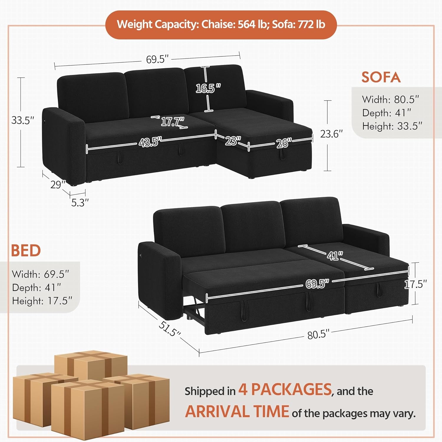 Sectional Sofa L-Shaped Sofa Couch Bed W/Chaise & USB, Reversible Couch Sleeper W/Pull Out Bed & Storage Space, 4-Seat Fabric Convertible Sofa, Pull Out Couch for Living Room Black