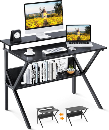 Small Computer Desk, 27.5 Inch, Compact Tiny Study Desk with Storage and Monitor Stand for Home Office, Small Spaces, Black