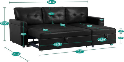 Transform Any Space: Sleeper Sectional Sofa with Convertible Sofa Bed & Inviting Chaise. Find Tranquil Comfort with Stress-Relieving Design & Durable Cushions - Black/Air Leather