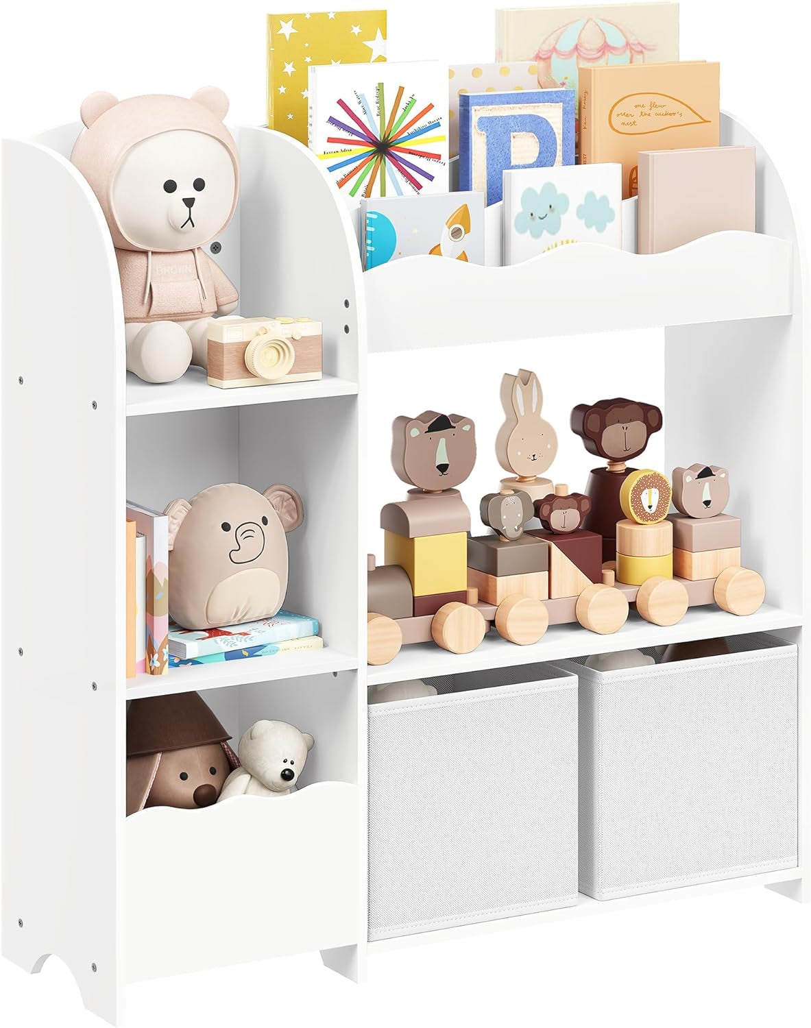 Toy and Book Organizer for Kids, Kids Bookshelf and Toy Storage, Storage Organizer with 2 Storage Boxes, for Playroom, Children'S Room, Living Room, Cloud White UGKR042W01