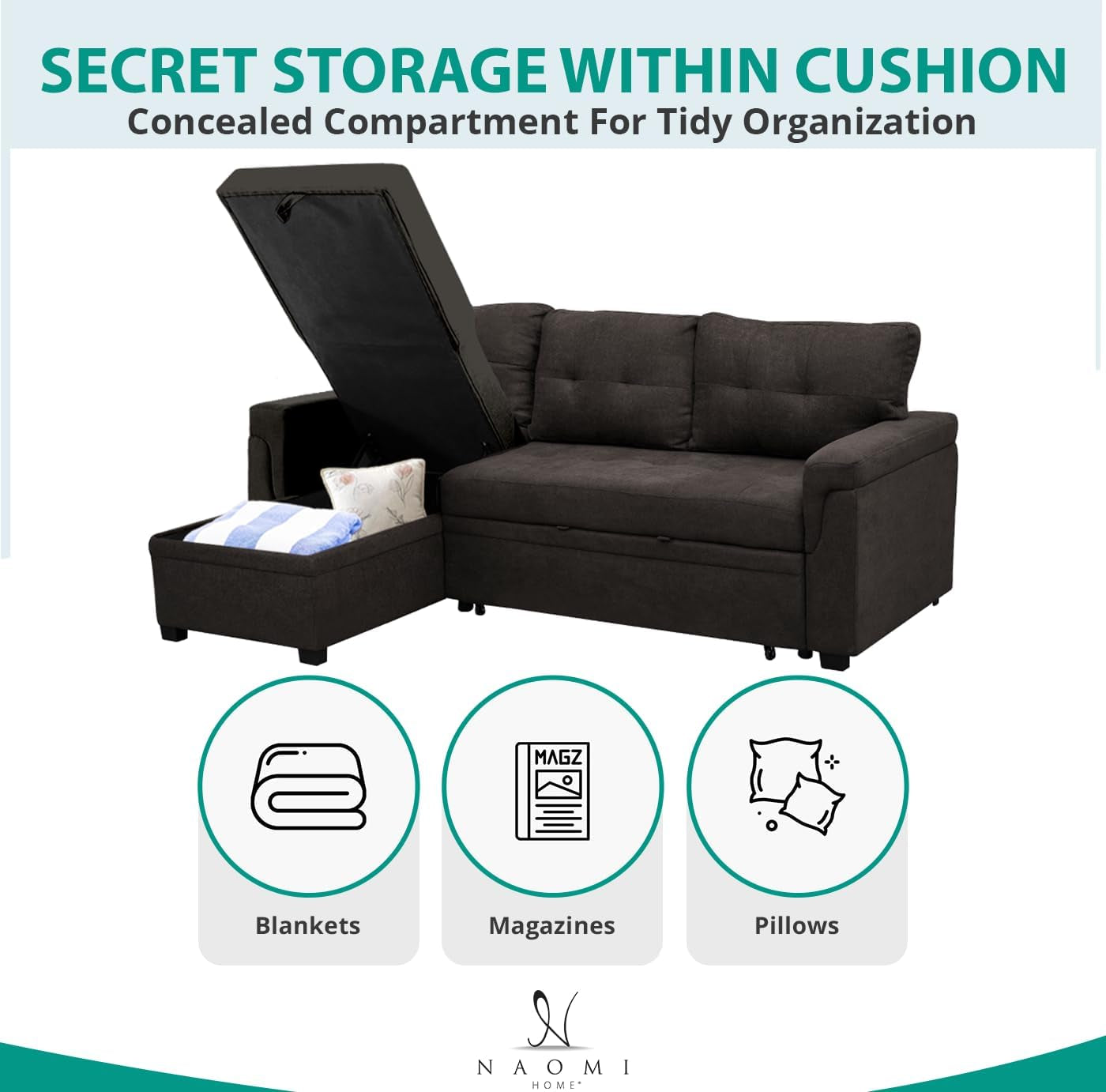 Transform Any Space: Sleeper Sectional Sofa with Convertible Sofa Bed & Inviting Chaise. Find Tranquil Comfort with Stress-Relieving Design & Durable Cushions - Espresso/Velvet