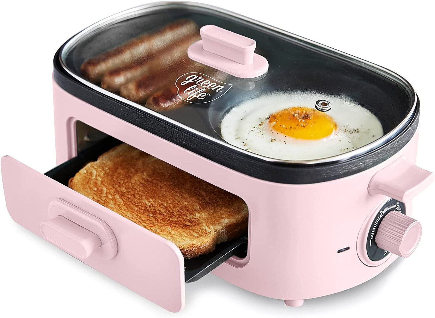 3-In-1 Breakfast Maker Station, Healthy Ceramic Nonstick Dual Griddles for Eggs Meat Sausage Bacon Pancakes and Breakfast Sandwiches, 2 Slice Toast Drawer, Easy-To-Use Timer, Pink