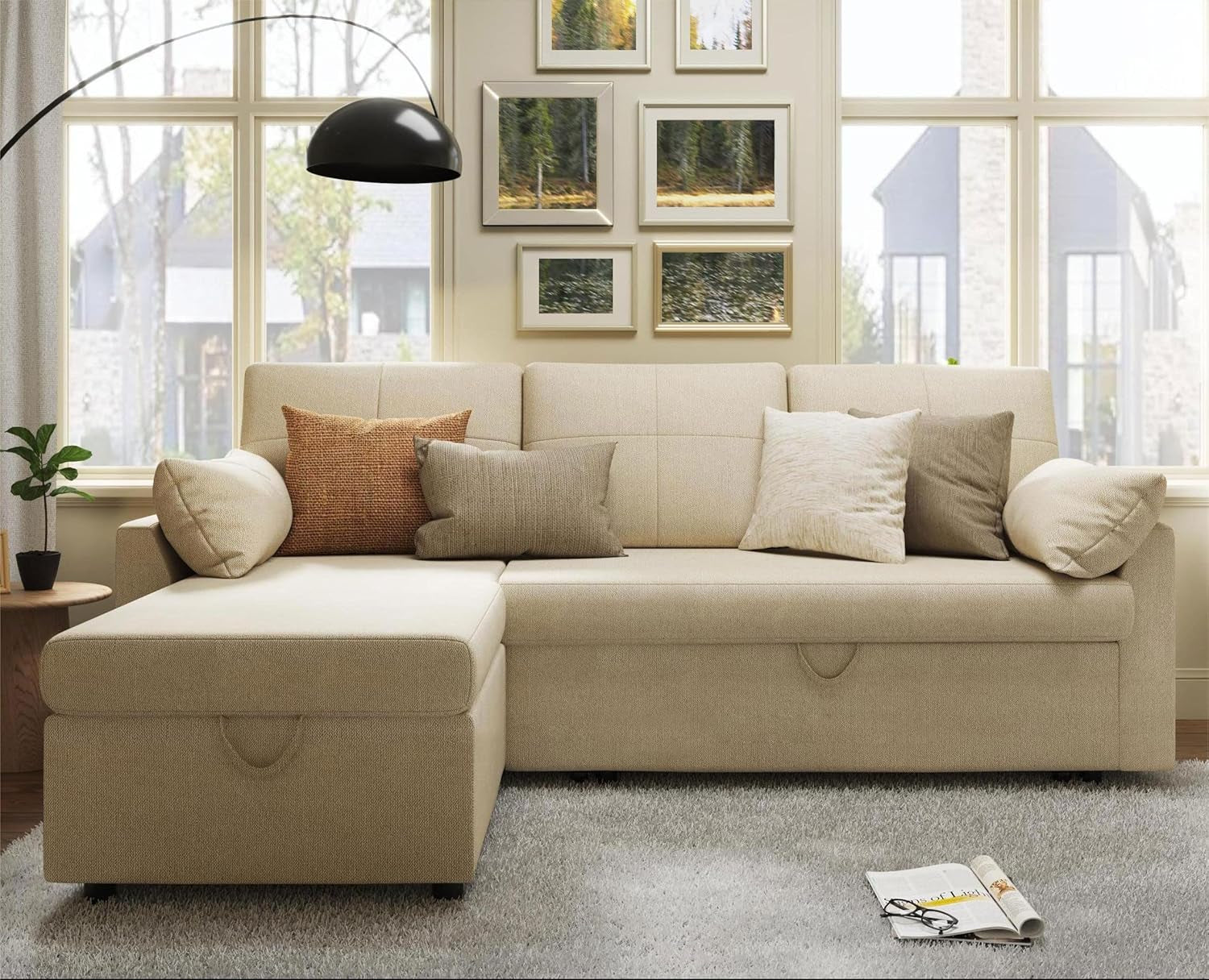 Sleeper Sofa, Sofa Bed- 2 in 1 Pull Out Couch Bed with Storage Chaise for Living Room, Beige Chenille Couch