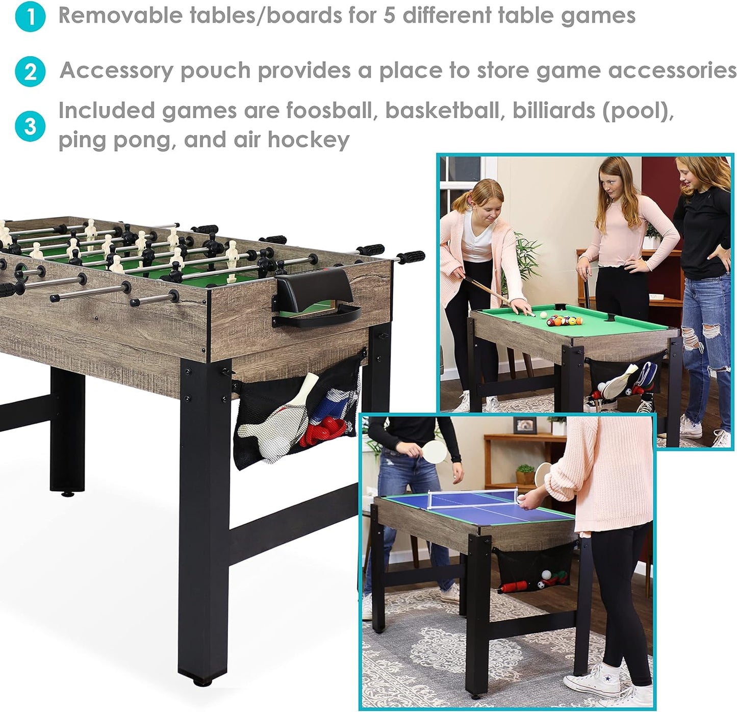 45-Inch 5-In-1 Multi-Game Table - Billiards, Push Hockey, Foosball, Ping Pong, and Basketball - Weathered Gray